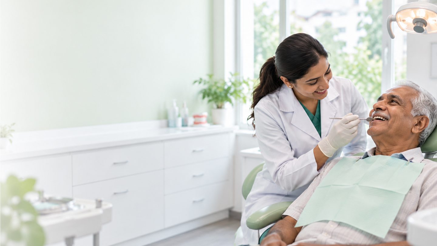 A senior citizen seated comfortably in the dental chair while the dentist attentively explains their treatment