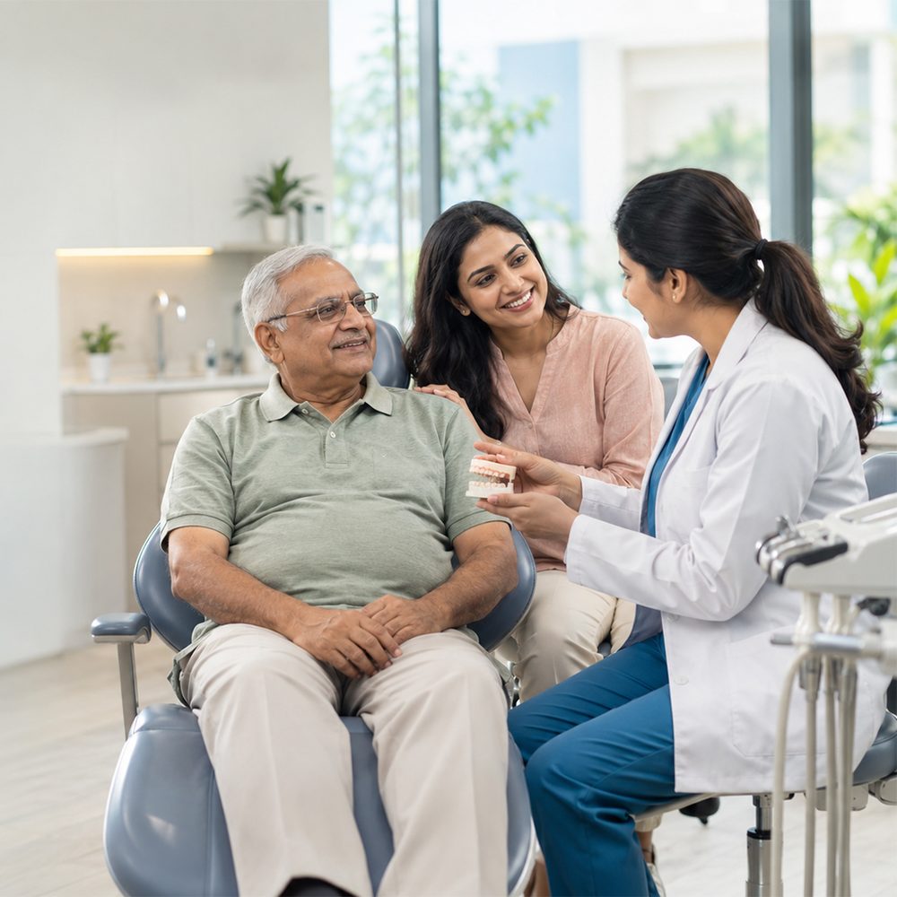 A dentist showing a denture to an elderly man and his daughter beside the chair