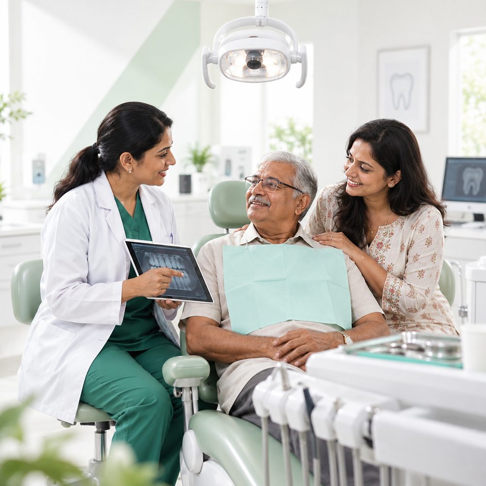 A dentist showing an X-ray on a tablet to an elderly patient and his daughter beside the chair