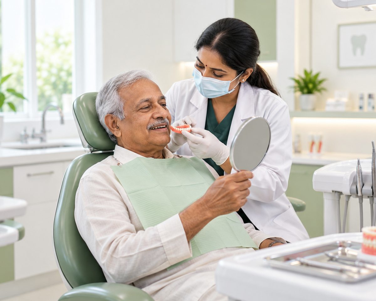 A dentist holding a denture while an elderly patient checks the fit in a hand mirror