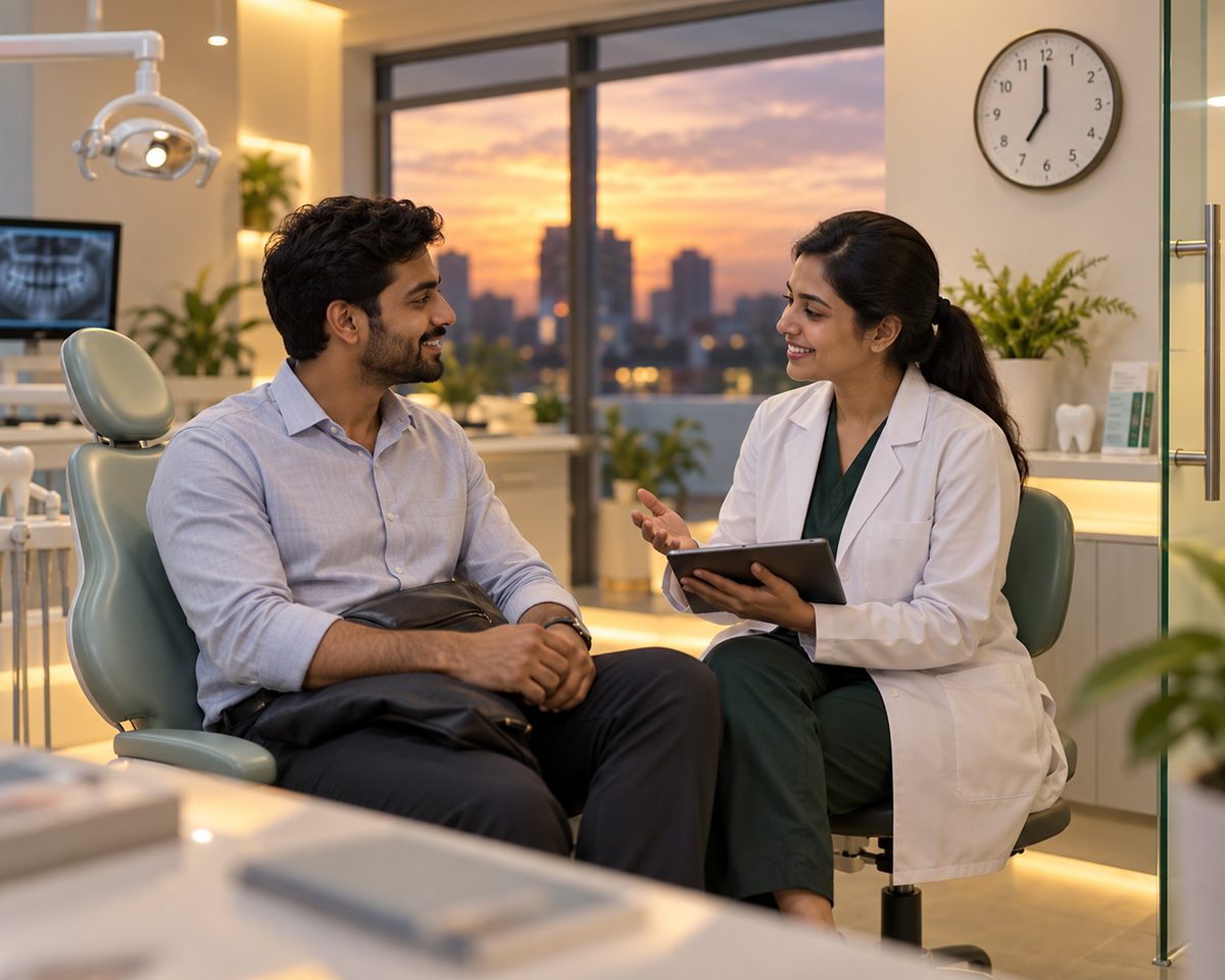 A dentist consulting with a patient at dusk, a city sunset visible through the clinic window