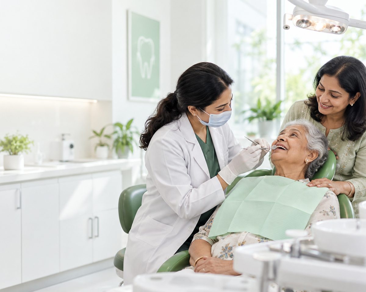 A dentist examining an elderly woman's teeth while her daughter stands beside the chair