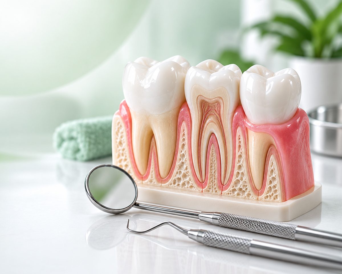 An anatomical model showing teeth, gums and roots in cross-section beside dental instruments