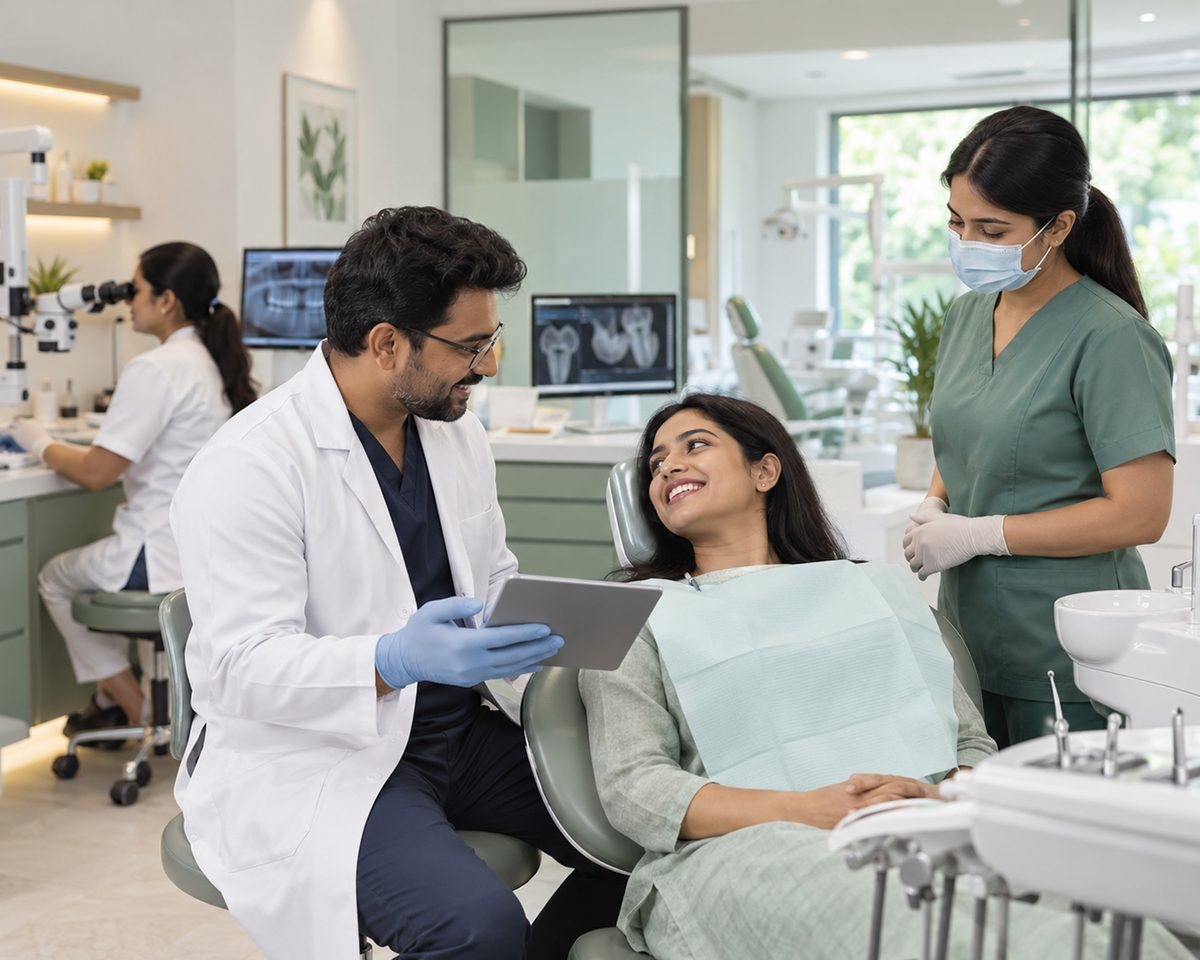 A dentist and assistant with a patient while a second clinician works at a microscope behind them