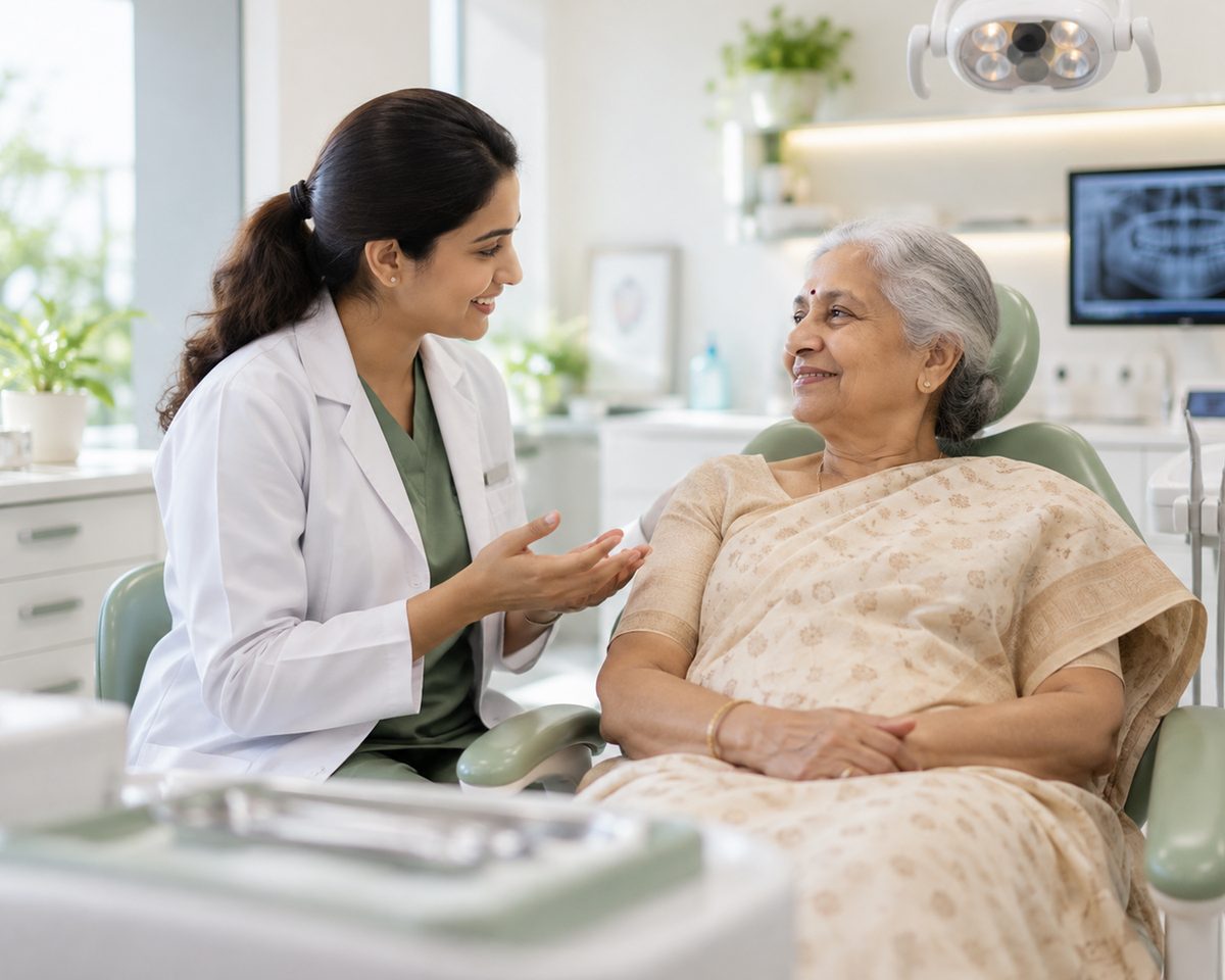 A dentist sitting and talking unhurriedly with an elderly woman resting in the chair